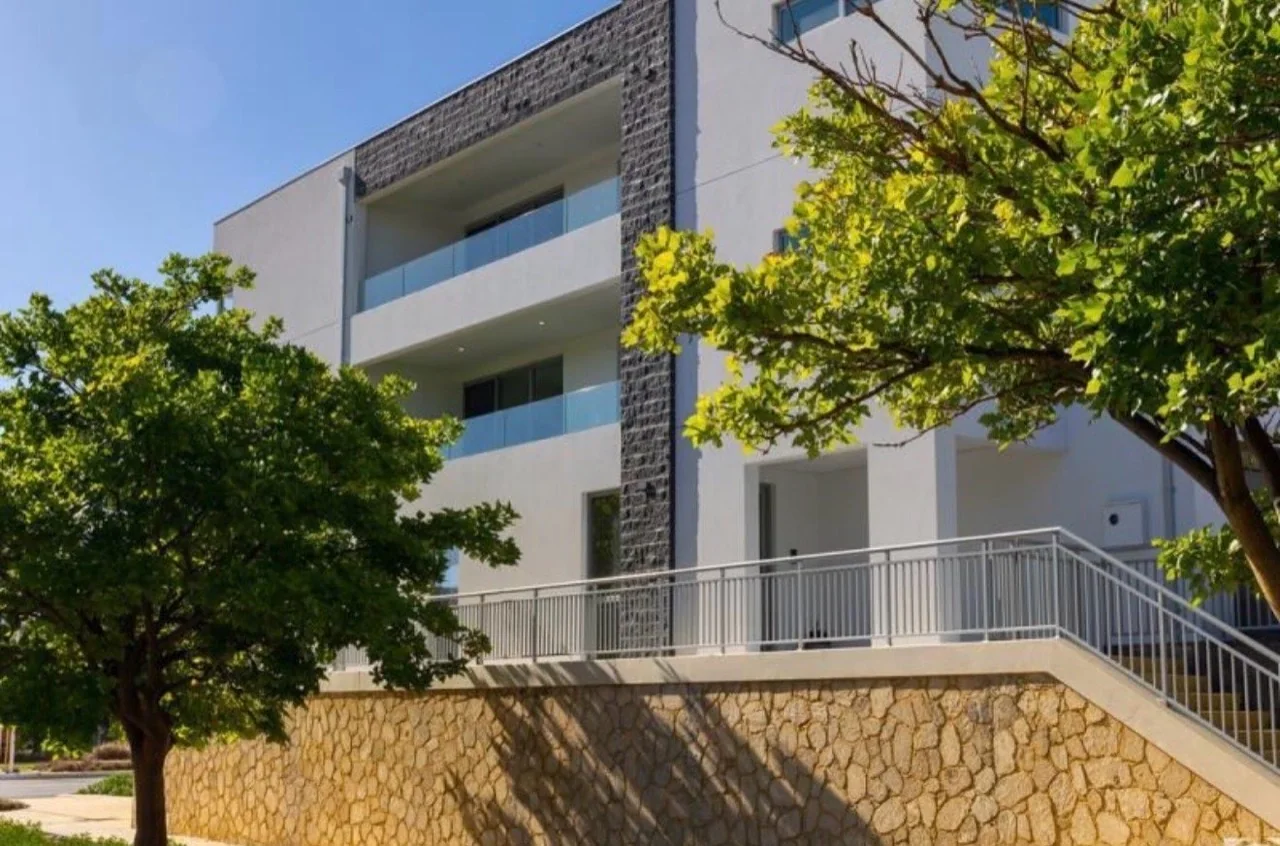 Modern residential exterior with white painted walls and dark brick detailing
